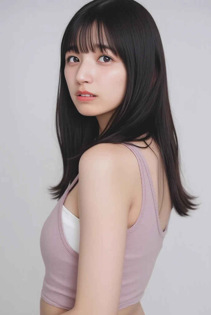 The image is a high-resolution photograph Japanese,  18yo female.She has a skinny body,thin thighs, and,natural areola.black hair with bangs.long hair、upperbody_shot.showing of her breast in spa. (((petite body, small breasts))). She has white skin kawaii,...