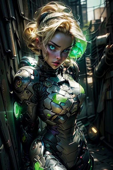 Visualize a futuristic mecha-style servo-armor in rich purple, interlaced with pulsating green lights that outline its angular design. Tailored for a woman (27-year-old Euro-Latina woman has blonde hair in an updo style and light hazel eyes. Personality: S...