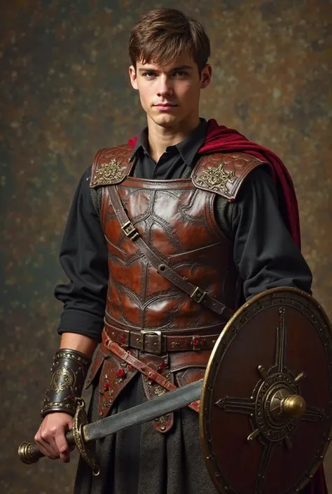 a tall young man, With brown dress cut hair, light brown eyes, wearing a black shirt underneath a leather vest armor with rubies attaching the shoulder straps, wielding a Roman sword in his right hand, while carrying a round shield on his left arm