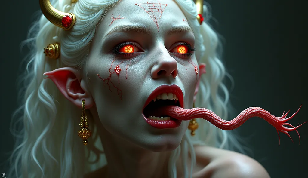 **Prompt:**  
"A hyper-realistic digital painting of a demonic woman with pale, cracked skin, long sharp nails, and a sinister expression. Her glowing eyes have intricate symbols inside them, and her long, snake-like tongue extends outward with sharp fangs...