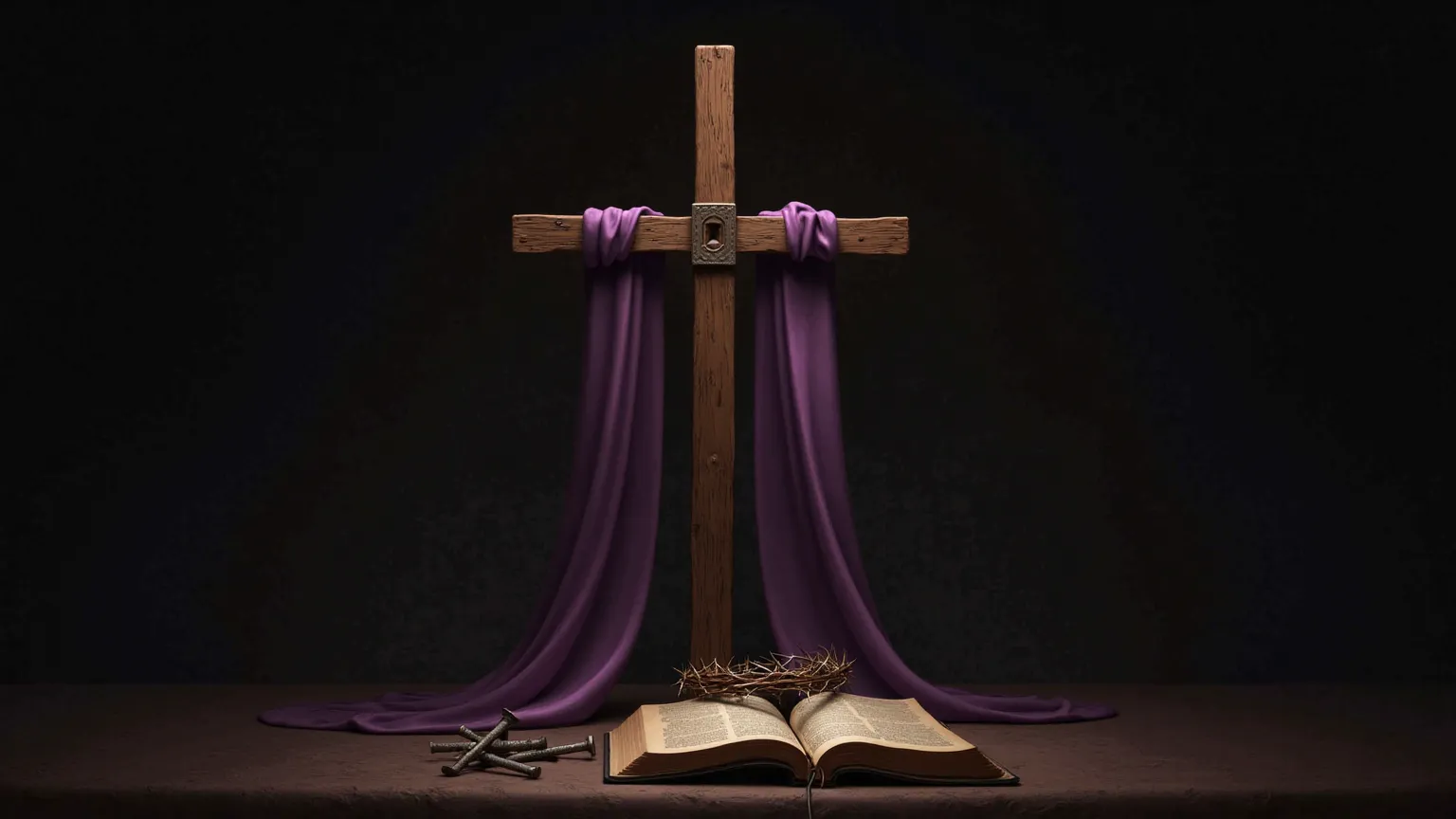 Lent symbols, Cross with purple cloth, crown of thorns, 2 nails, the bible,  Dark background
