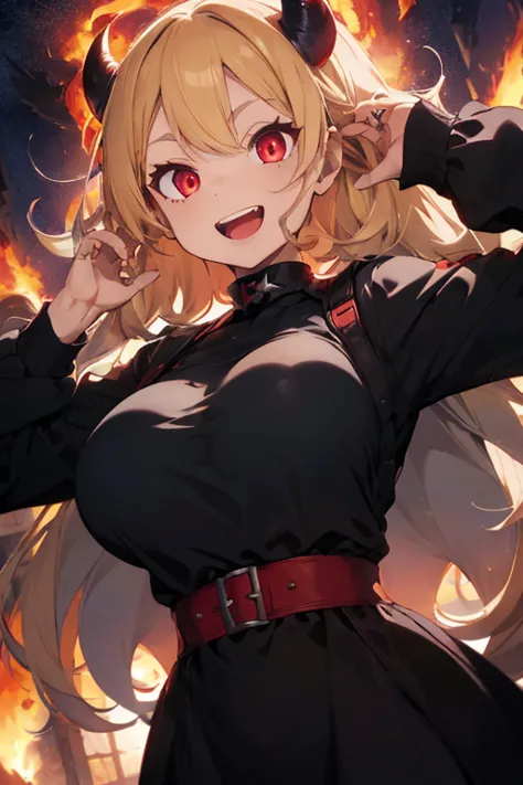 1 female, age girl, black long sleeve dress, blonde long hair, demon eyes, red eyes, rosa cheeks, fire, hell place, happy face, evil smile, huge breast, red sky, hands in the hair, kiss, open mouth