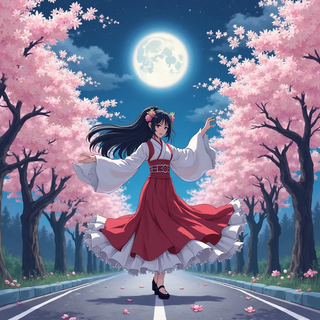 anime-style illustration of a shrine maiden dancing gracefully under the cherry blossom tunnel at night。she wears a traditional red and white shrine costume、has long black hair fluttering along with the dance movements。Her expression is mysterious and quie...