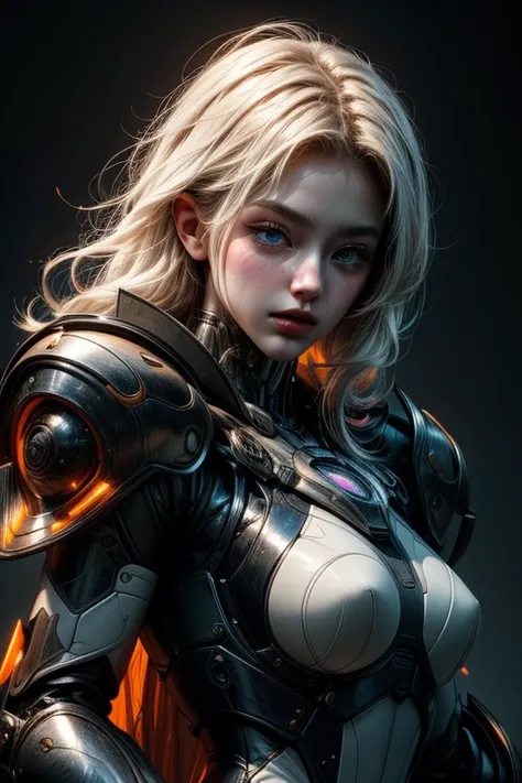 Scandinavian and Japanese woman, 23 years old. Appearance: White hair, bright blue eyes, with tattoos on both arms and back. Imagine a futuristic black mecha servo armor designed for a woman, featuring sleek, form-fitting panels and semi-transparent sectio...