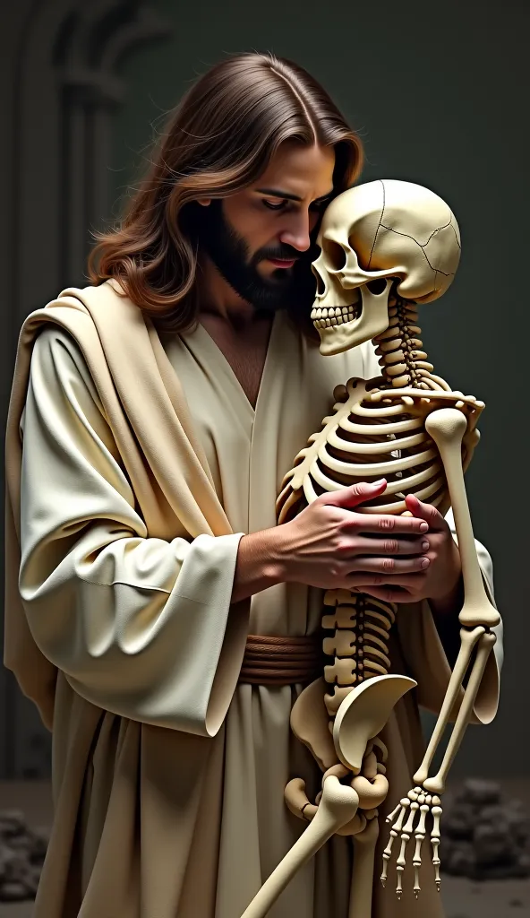 Jesus Christ holding a skeleton of a  in his arms 