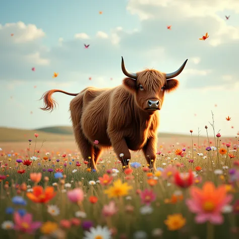 A majestic female Highland Cow frolicking in a wide field of colorful wildflowers. High Resolution, Masterpiece, Hyperdetailed, Hyperrealism, Depth Of Field, Image Fill, Floating Particles 