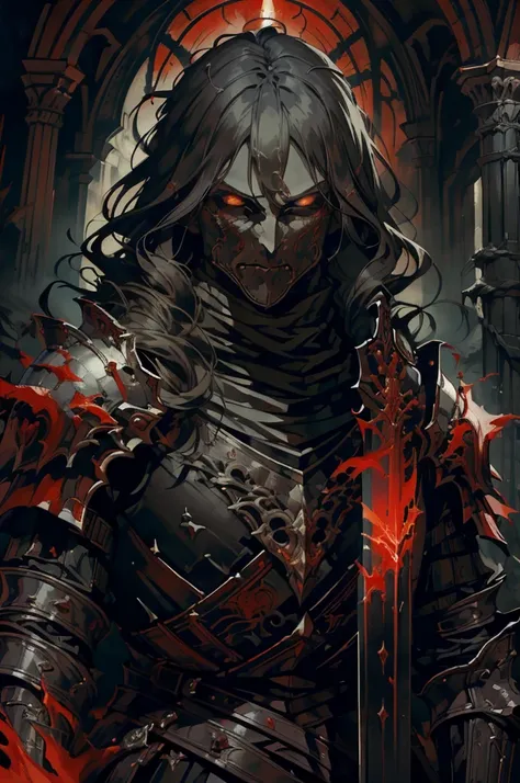 A dark warrior engulfed by a sinister crimson energy, wielding an enormous cursed sword with a red aura. His black armor is irregular and frayed by battle, with glowing cracks pulsating with dark magic. His eyes are shaded, exuding an intense and threateni...