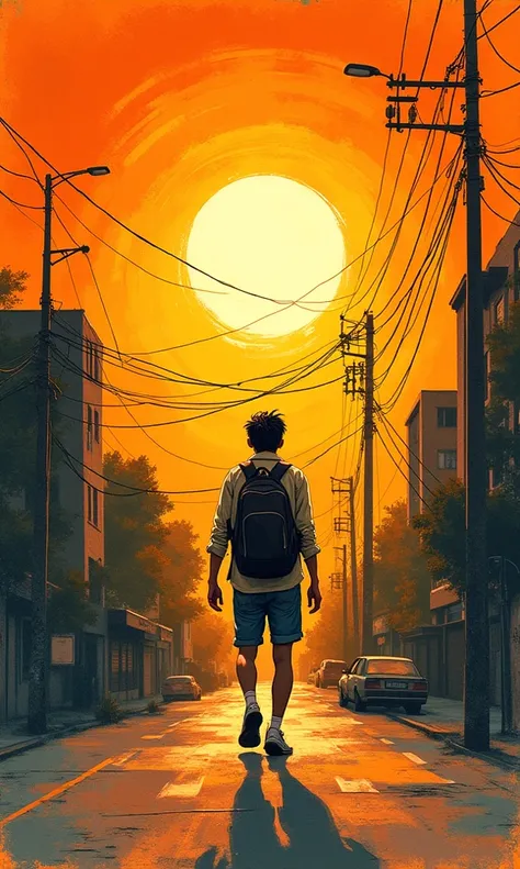 "A stylized mixed-media artwork of a student struggling under the blazing afternoon sun, his backpack weighing him down. The scene is drawn with rough ink strokes and expressive brush textures, giving a raw, hand-crafted feel. The heat is illustrated with ...