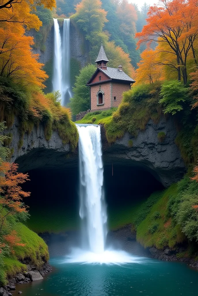 stunning natural scene featuring a small chapel or building built into a rocky cave above a waterfall, with lush greenery and autumn-colored foliage surrounding it. The waterfall flows into a serene pool below, creating a magical and picturesque atmosphere...