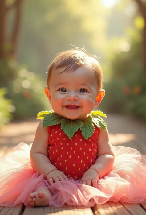 A cute smiling and realistic 5-month-old baby,with a costume made of a strawberry and a tulle skirt , in an open and illuminated setting 