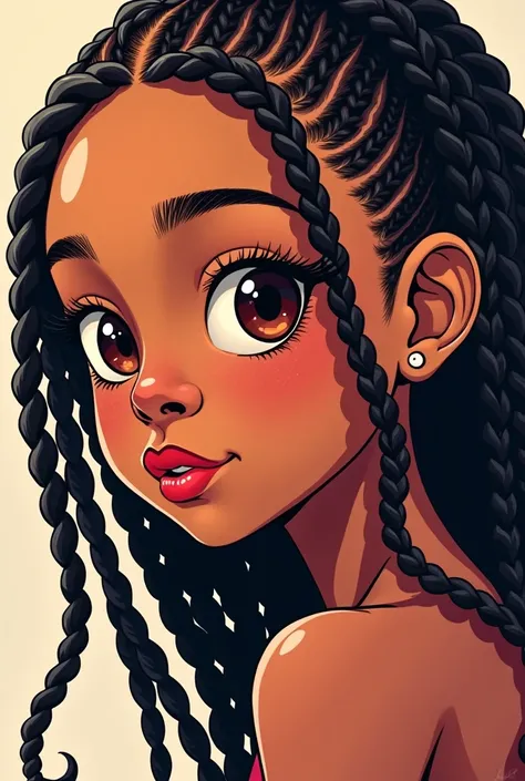 15-year-old black girl with brown braids with curly muds.a snub nose as well as tulip lips and black almond-shaped eyes .The image must be of the manga type in color.