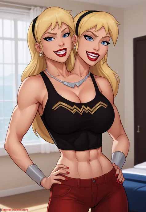 safe_pos, PonyXLV6_Scores BREAK (((parody style, parody:1.2)), perfect anatomy, cowboy shot) 1girl, blonde hair, long hair, blue eyes, conjoined, two heads, hairband, red jeans, curvy,  athletic, standing, hand on hip, indoors, bedroom, black sports bra, n...