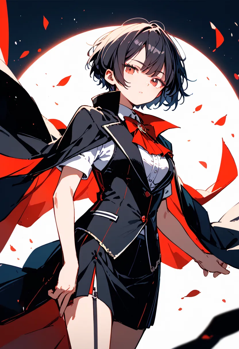 dark red black hair, red eyes , short hair, formal attire, cape