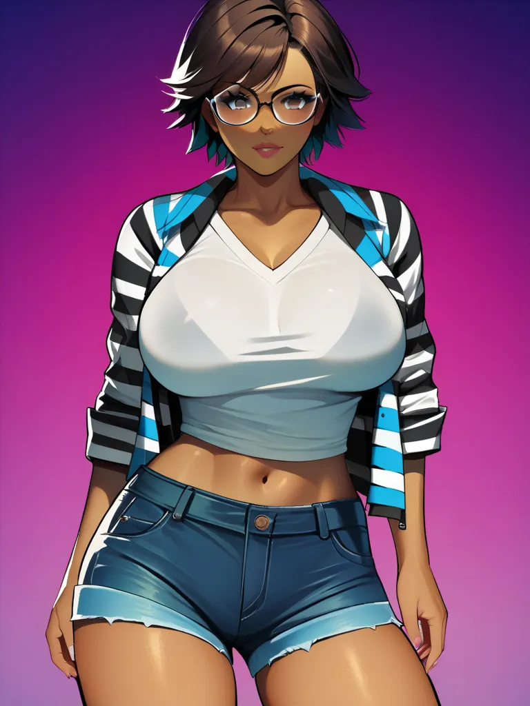 Female,Anime,black short hair,brown skin, glasses,Black T-Shirt,Striped Waistcoat,Shorts,big breasts,