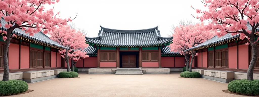 "Traditional Korean hanok courtyard,  
- Bottom foreground: pomegranate (#9A031E), yuzu (#FFD700), plum (#6A994E) arranged horizontally,  
- Middle background: tiled roofs extending to mid-height, symmetrical layout,  
- Upper section: cherry blossom branc...