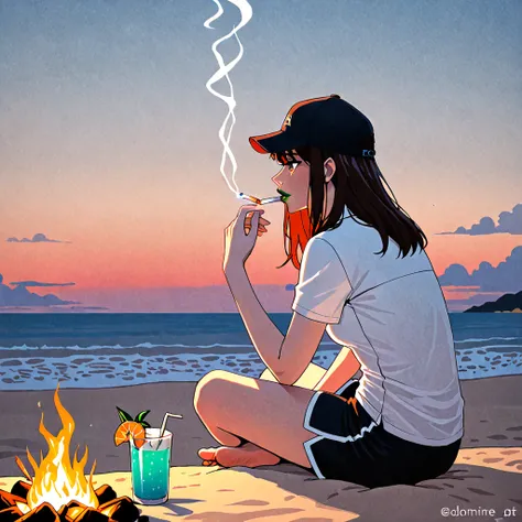 A drawing of a couple in love sitting on the sand next to a beautiful sunset on the beach, a bonfire with drinks , the girl with the profiled face is standing in profile looking with ease at the man who is lighting a marijuana cigarette on his lips with on...