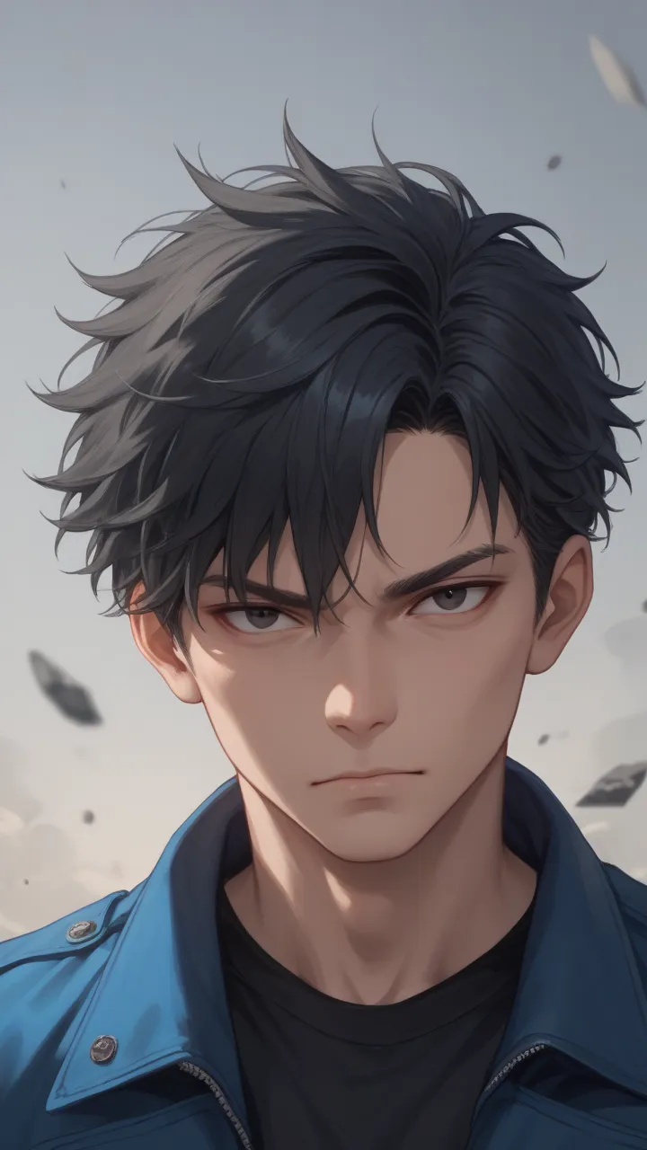 Create a male character with black hair, Blue jacket against the background of a dead end landscape made of gray stone. black eyes. 25 years.  mean face. Black inner shirt. 2D.Knights of the Zodiac anime style 