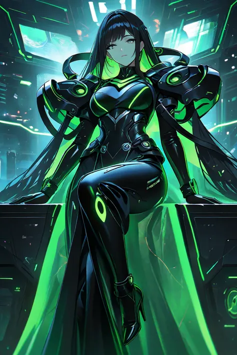 40-year-old woman, originally from Eastern Europe: Medium height, straight black hair in layers, deep gray eyes, light complexion and mole under the right eye. Personality: Somber, seductive and authoritarian. Depict a futuristic servo-armor in mecha style...