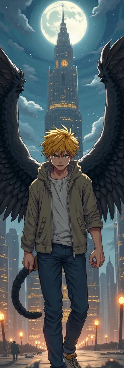 Yellow hair, yellow eyes, cat eyes, angry, anime, handsome ager, strong build, hoodie, anime, short hair, dynamic hair, boy, big black wings, Khalifa Kasr, the weather is night 