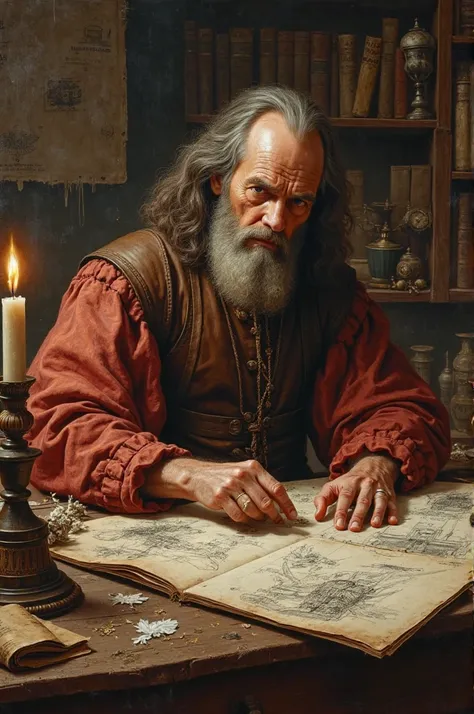 "A realistic painting of Leonardo da Vinci in his workshop, dressed in period attire, surrounded by books and sketches of flying machines, candlelight flickering, deep in thought."
