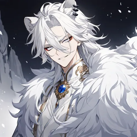 Anime boy with sharp white eyes, white hair, white lion ears, no human ears,Solo, Looking at viewer, smug smile