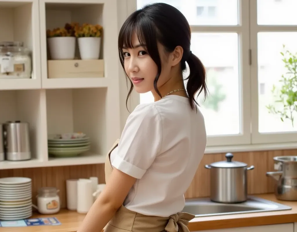 (Real, Photo realistic), 1 girl, Asian, ponytail for men, (Up skirt), 裸apron, Standing, In the kitchen, ,Butt、 back view、 look back、skirt、skirtめくる、 look back、see here、apron、