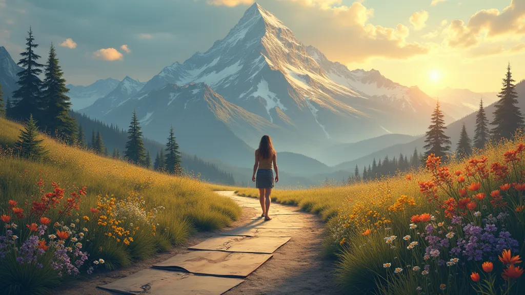 Create an image that represents the journey of self-knowledge. The scene should include a person on a winding path leading to a majestic mountain in the background.. On the way, there are several symbolic elements, like a mirror reflecting the person&#39;s...