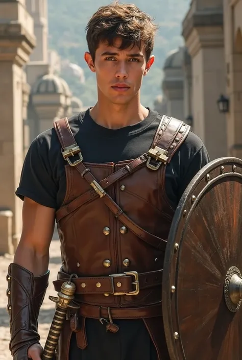 a tall young man, of athletic physique, With brown dress cut hair, light brown eyes,  wearing a black short-sleeved shirt , underneath a leather vest armor, with rubies holding the shoulder straps, while holding a sword in his right hand, and wears a round...