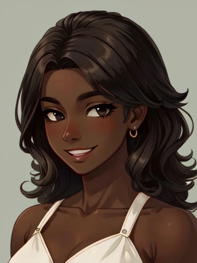 Masterpiece, best quality, high-res, extremely detailed, 1 girl, (dark brown skin tone:1.2), black eyes, smiling