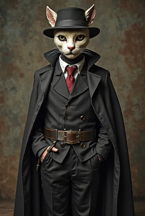 Appearance of a man: boy with a sturdy build, of 1.78 tall, gordo of 100 kilos, wearing vintage clothing , A three-piece suit, wears a porcelain mask in the shape of a cat's face that covers my entire face, a hat, a cape that covers a large part of my body...