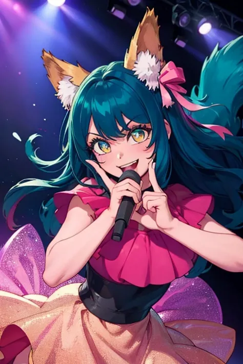 Perfect face. Perfect hands. A teal haired woman with golden eyes and teal cat ears and a teal cat tail is singing on a stage in a cute idol dress with a big smile
