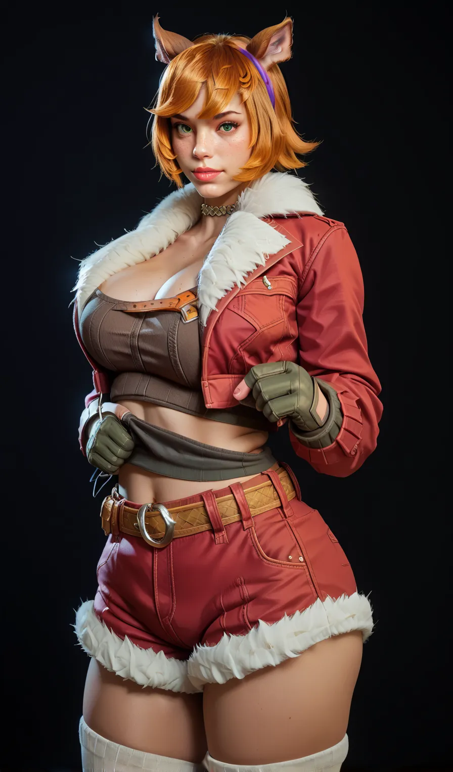 ((masterpiece)), Maximum Quality, Very Detailed, Masterpiece, Best Quality, squirrel girl, squirrel ears, squirrel tail, short hair, red hair, freckles, green eyes, fur trim, finger-less gloves, midriff, thigh-highs, large breasts, Big Breasts, Standing, M...