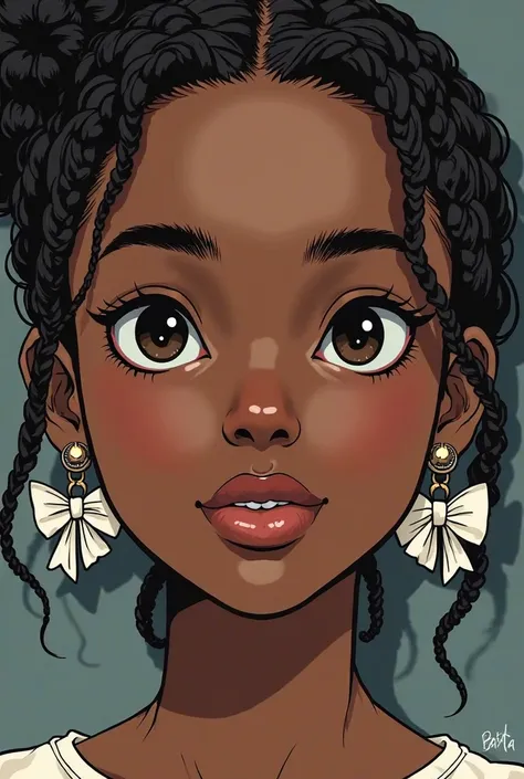 17-year-old dark black girl with brown braids and curls, a flat nose and tulip lips (the image must be manga).. This girl should have white bow tie earrings and fine black almond eyes..