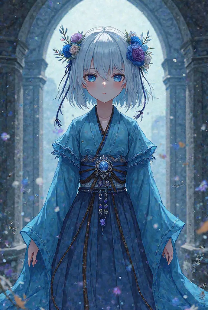 vTuber blue girl　Japan　anime　1 person　dark fantasy　cute　full body　character design　 white hair　The Wizard