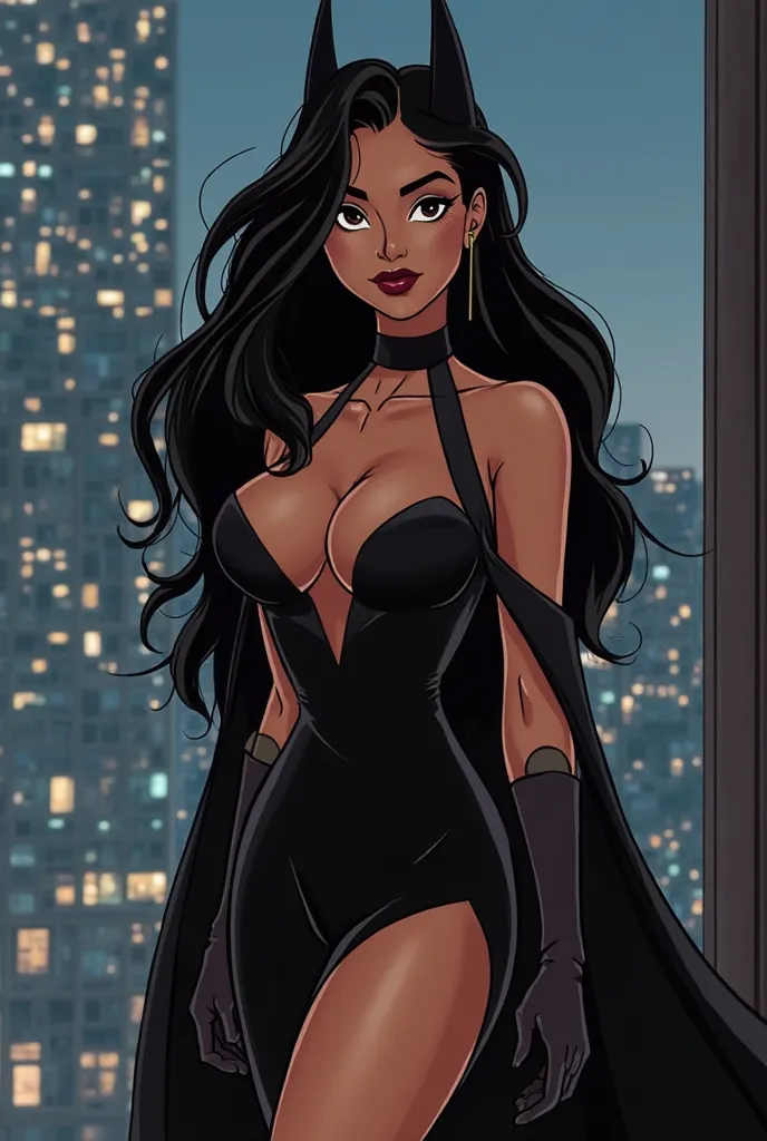 Hi chat can you create an image of me with the 1992 Batman animation style? I’m half Sri Lankan, and 1/4 Egyptian 1/4 Sudanese with light brown skin and long black hair to my butt. I’m very curvy, with a tiny waist and big round hips and big breasts 34E, m...