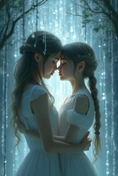 Make a fantasy-themed image where a boy and a girl are embracing, crystallized like the scene in Akame ga Kill, but with people who look real. 