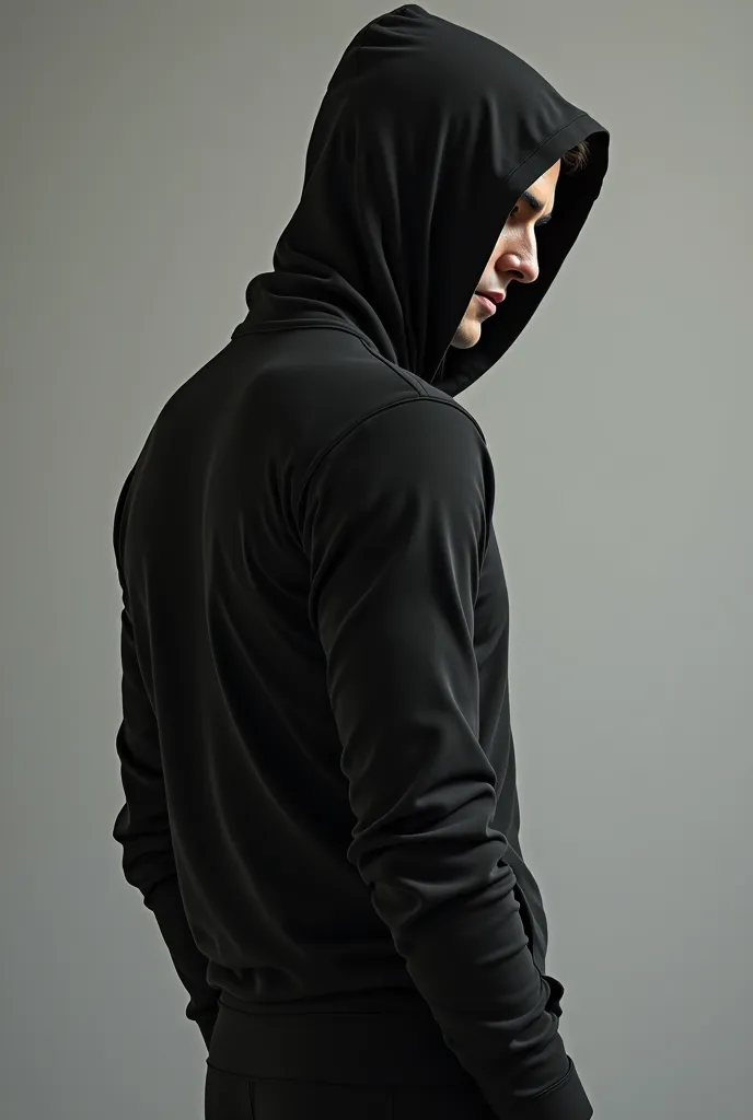 Photorealistic，Ultra HD，highest quality，the best quality，8K， RAW photos，buttocks，ultra-high resolution，hooded man on the side wearing black sweater