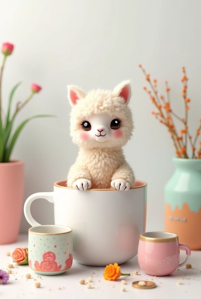 Create a cute and detailed image of a small, fluffy, feminine and adorable alpaca sitting inside a white cup. The alpaca should have a sweet expression and big, shiny eyes. Around the cup, place various sublimation items, such as cups of different colors, ...