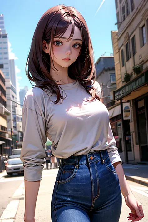 (((minju))), ((((brunette)))), white eyes, (((white shirt))), (((jeans)), Outstanding, Best Aesthetic, Best Quality, Masterpiece, Very Detailed, Masterpiece, 1girl, Solo, Blue Sky, Daytime, Beautiful Body, High Definition, cowboy shot, masterpiece, masterp...