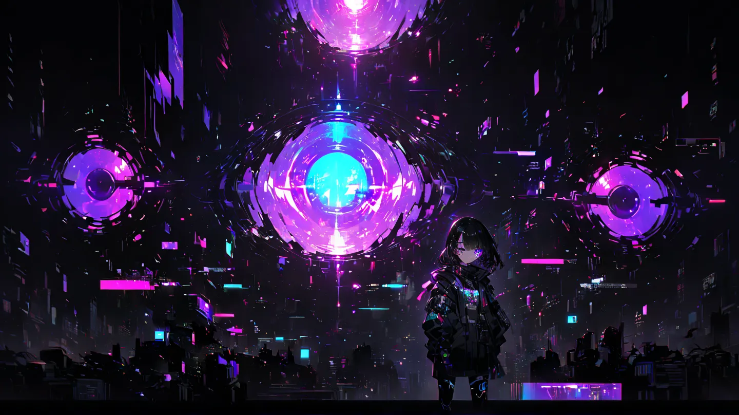 Character: An anime-style girl with long black hair, reflecting neon lights in certain areas.
Eyes: Glowing red, possibly cybernetic or affected by a glitch effect.
Face: Partially distorted with digital fragmentation, as if breaking into pixelated pieces....