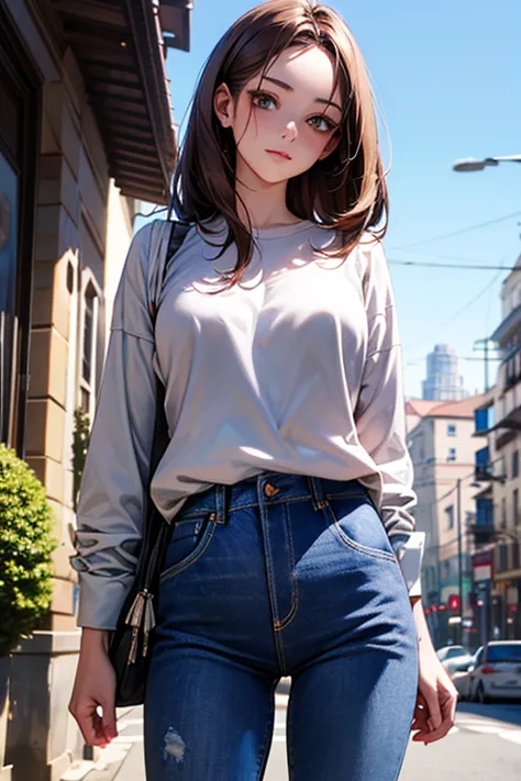 (((minju))), ((((brunette)))), white eyes, (((white shirt))), (((jeans)), Outstanding, Best Aesthetic, Best Quality, Masterpiece, Very Detailed, Masterpiece, 1girl, Solo, Blue Sky, Daytime, Beautiful Body, High Definition, cowboy shot, masterpiece, masterp...