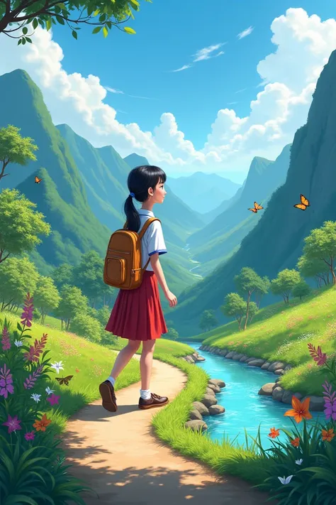 Make a picture of an Indonesian junior high school girl walking in a very beautiful landscape 