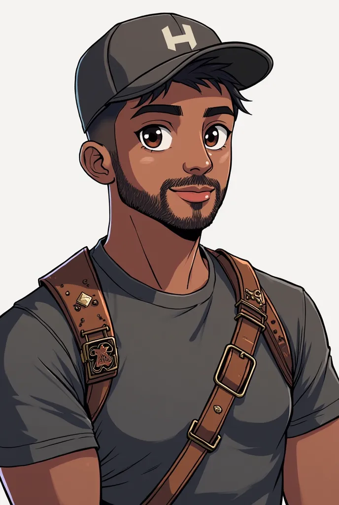 ISFP Twitch streamer, half African American male, athletic, short groomed beard, wearing baseball cap and muscular shirt, buzz cut hair, gamer, dark brown eyes, Character Design, simple background, Anime Style, anime, Monster Hunter armor