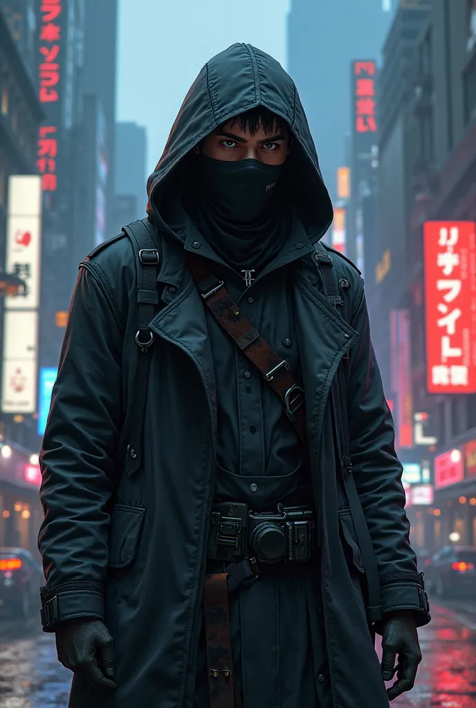 Boy in a black mask with a cold look wearing a black trench coat with worn touches, a gun belt and a hood. Animated epic style night city background