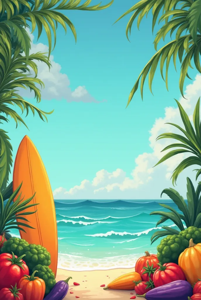 I want you to generate an image that is colorful. It's going to be a background for a birthday invitation for a  for a boy and I need a background for the invitation that is colorful Playero and that has a lot of vegetables and a surfboard.