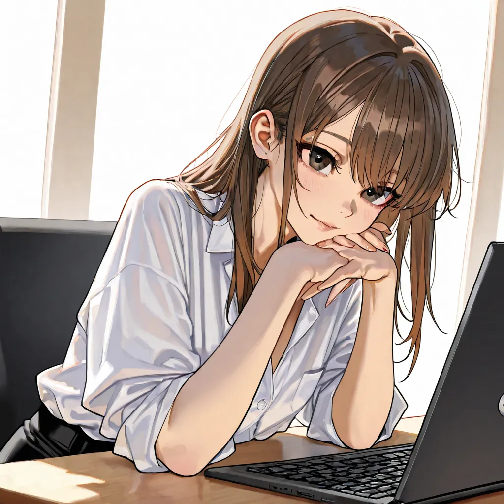 A single woman working on a PC、white shirt