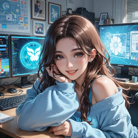 (desktop monitor closeup、digital girl hugging a cute digital blue holographic owl, say "You're fine"),(fresh and smooth skin, over an owl smiling,  thin hair, beautiful face, urban minimal room, adorable fluffy big soft hooded loungewear, where only the mo...