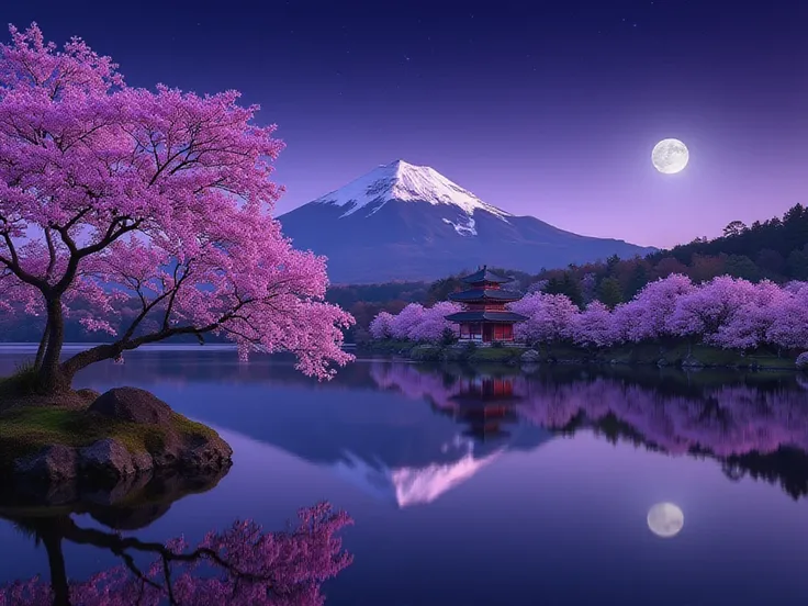 池の上に浮かぶ full moonのクローズアップ、tree々 is also shown ,masterpiece,  extremely detailed , perfect quality, Most detailed, Ray Tracing, 8k, purple cherry , Japanese Garden, Peaceful, night ,  full moon, star, ,  purple theme, purple glow,There is a pagoda at the to...