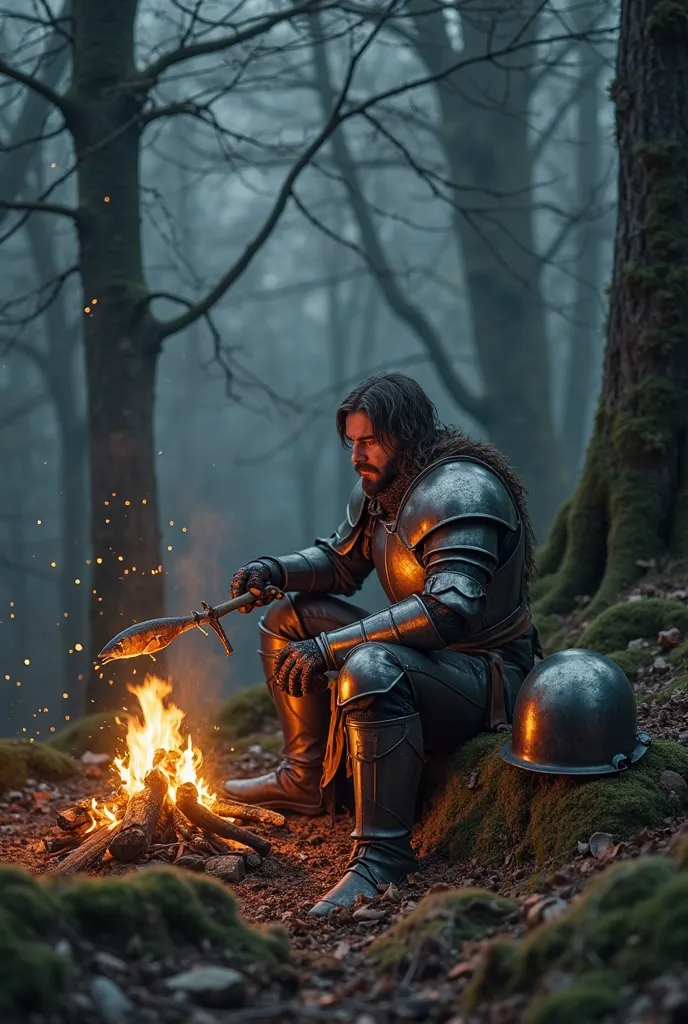 A battle-worn medieval knight sits near a crackling fire in a dense place, misty forest at dusk. the crumpled armor reflects the warm glow of the flames as he carefully roasts a freshly caught fish on a makeshift wooden skewer. Your sword is near, partiall...