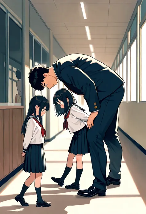 (cute tall males walking outside: 1.2), side view, full body, (height difference: 1.1), a group of girls on the ground, (macro size: 1.1), (bent over), (looking down at her), hallway, serafuku